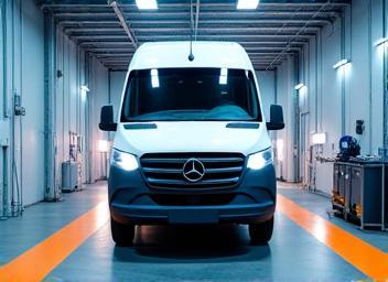Commercial Sprinter van under repair in specialized bay