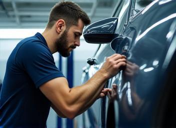 Technician performing certified collision repair on a Mercedes